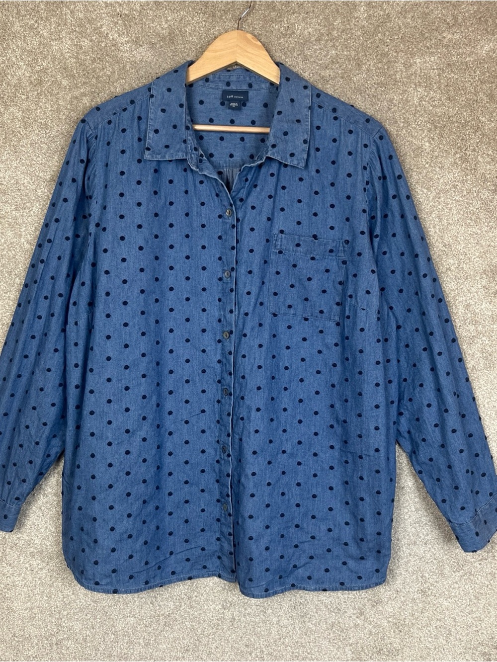 J Jill Denim Shirt Womens Extra Large Blue Chambray Polka Dot Button- 5192